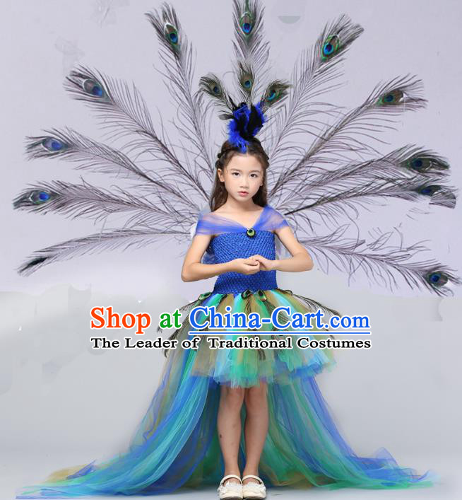 Children Models Show Costume Stage Performance Catwalks Compere Green Peacock Trailing Dress for Kids