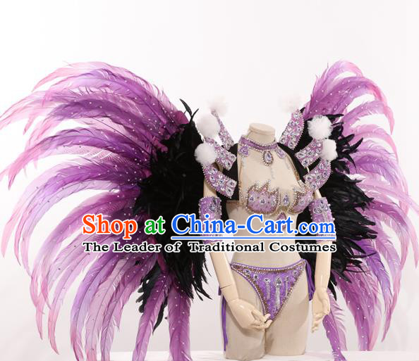 Top Grade Stage Performance Clothing Models Show Brazilian Rio Carnival Samba Purple Costume and Feather Wing for Women