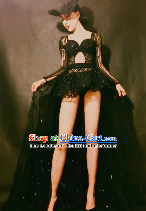 Top Grade Models Show Costume Stage Performance Black Trailing Full Dress for Women