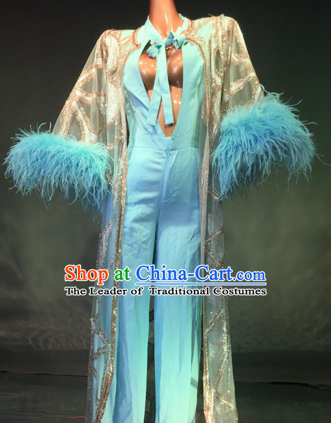 Top Grade Models Show Costume Stage Performance Catwalks Blue Full Dress for Women