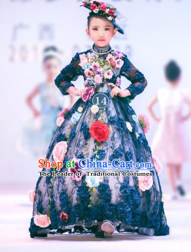 Children Models Show Costume Stage Performance Catwalks Flowers Fairy Black Full Dress for Kids