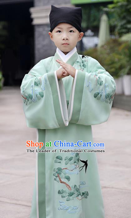 Chinese Ancient Han Dynasty Scholar Costumes Children Embroidered Green Hanfu Clothing for Kids