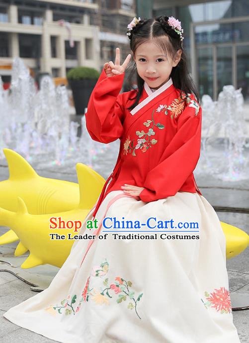 Chinese Ancient Ming Dynasty Princess Costumes Children Embroidered Red Hanfu Clothing for Kids