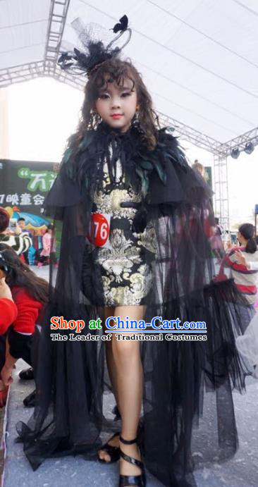 Children Models Show Costume Stage Performance Catwalks Compere Black Dress for Kids