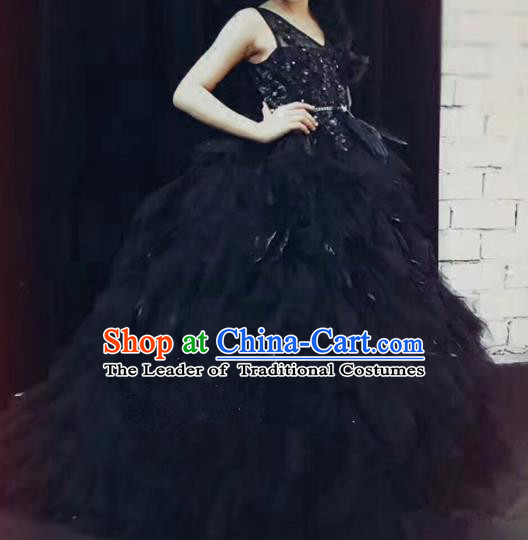 Children Models Show Costume Stage Performance Catwalks Compere Black Feather Dress for Kids