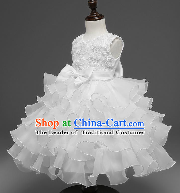 Top Grade Children Catwalks Costume Princess Stage Performance Bowknot White Bubble Dress for Kids