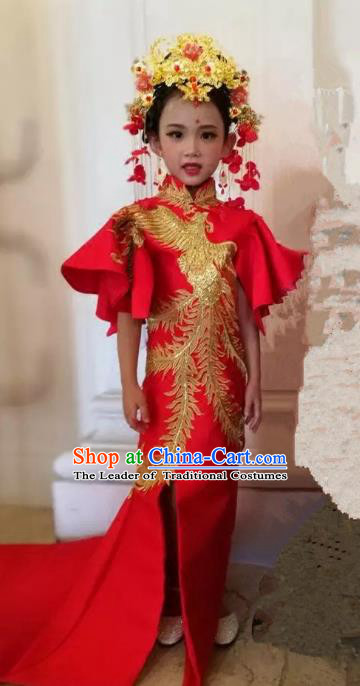 Children Models Show Costume Stage Performance Catwalks Red Cheongsam Mullet Dress for Kids