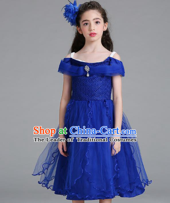 Children Models Show Compere Costume Stage Performance Catwalks Royalblue Full Dress for Kids
