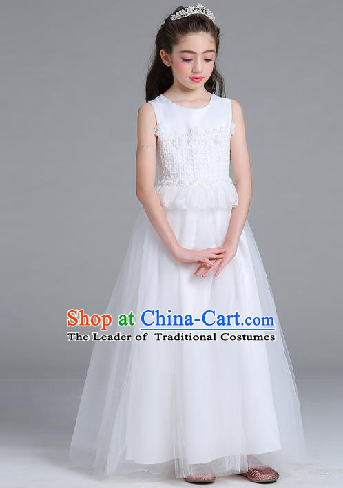 Children Models Show Compere Costume Girls Princess White Veil Dress Stage Performance Clothing for Kids