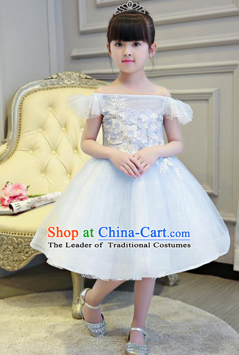 Children Models Show Compere Costume Girls Princess Blue Veil Full Dress Stage Performance Clothing for Kids