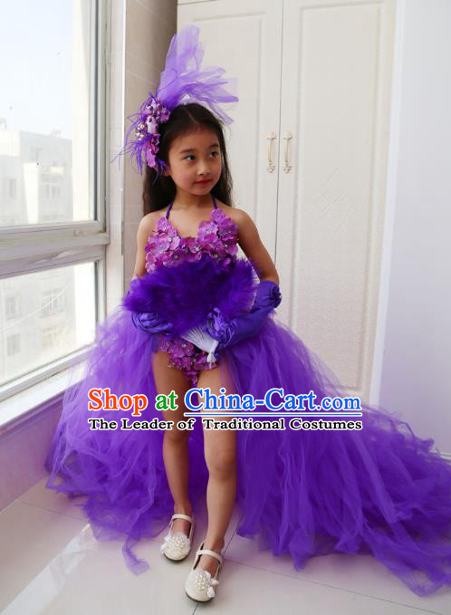 Children Models Show Costume Catwalks Stage Performance Purple Dress and Hat for Kids
