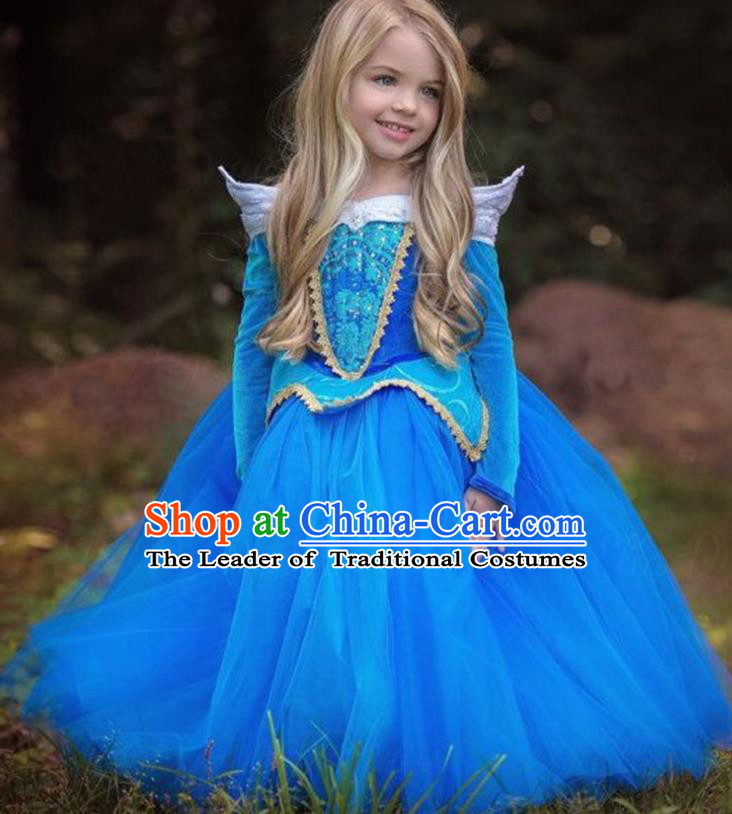 Children Fairytales Princess Costume Compere Modern Dance Stage Performance Catwalks Blue Dress for Kids