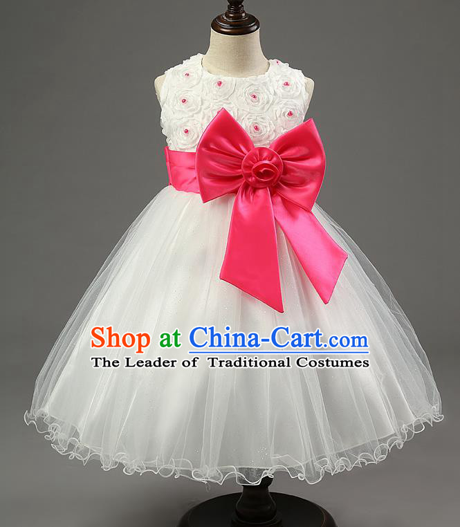 Children Fairy Princess Rosy Bowknot Dress Stage Performance Catwalks Compere Costume for Kids