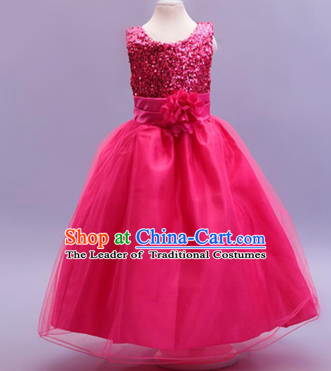 Children Modern Dance Rosy Sequins Dress Stage Performance Catwalks Compere Costume for Kids