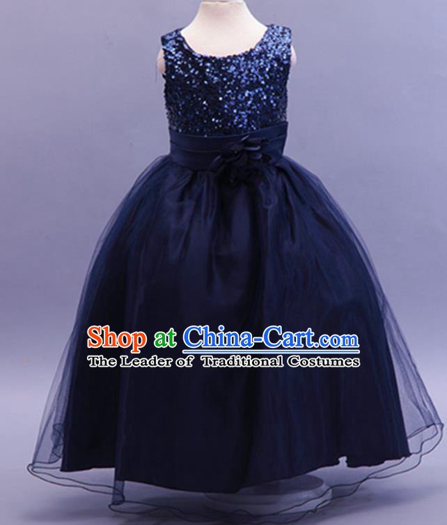 Children Modern Dance Navy Sequins Dress Stage Performance Catwalks Compere Costume for Kids