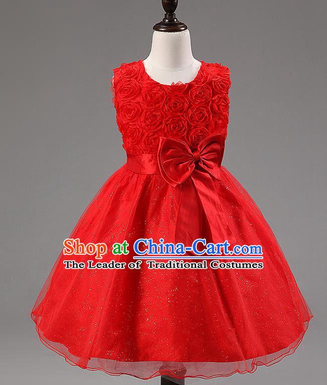 Children Modern Dance Princess Red Rose Dress Stage Performance Catwalks Compere Costume for Kids