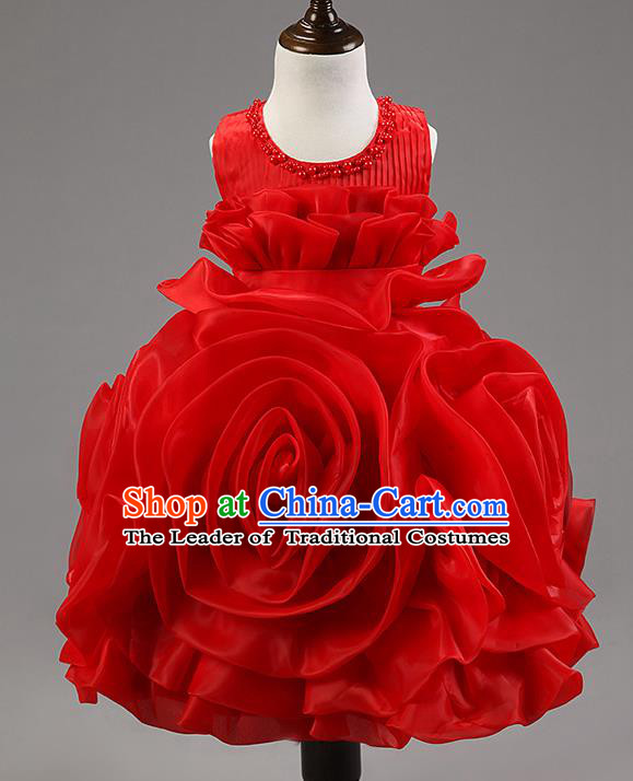 Children Modern Dance Princess Dress Stage Performance Catwalks Compere Red Rose Costume for Kids