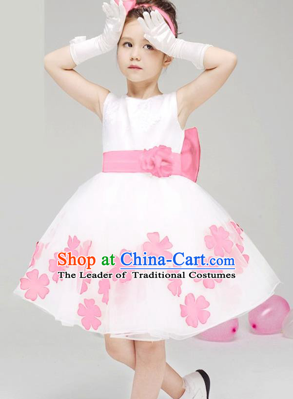 Children Modern Dance Compere Pink Flowers Full Dress Stage Performance Catwalks Costume for Kids