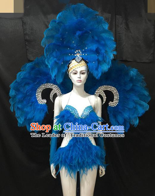 Top Grade Brazilian Carnival Samba Dance Costumes Halloween Miami Catwalks Blue Feather Swimsuit Headwear and Wings for Women