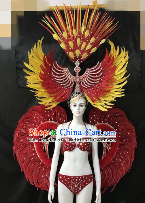 Brazilian Rio Carnival Samba Dance Costumes Halloween Catwalks Swimsuit and Deluxe Red Feather Wings Headwear for Women