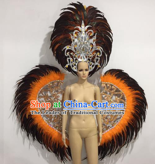 Brazilian Catwalks Samba Dance Props Rio Carnival Black and Orange Feather Angel Wings and Headwear for Women
