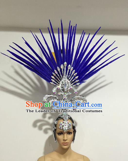 Brazilian Samba Dance Queen Hair Accessories Rio Carnival Blue Ostrich Feather Deluxe Headwear for Women
