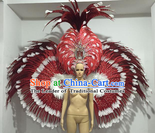 Brazilian Catwalks Props Rio Carnival Samba Dance Red Feather Wings and Headwear for Women