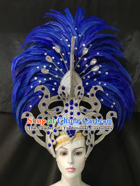 Brazilian Carnival Catwalks Hair Accessories Rio Samba Dance Blue Ostrich Feather Deluxe Headwear for Women