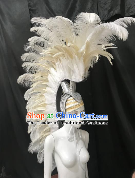 Brazilian Carnival Catwalks Hair Accessories Rio Samba Dance Roman Warriors White Feather Deluxe Headwear for Men
