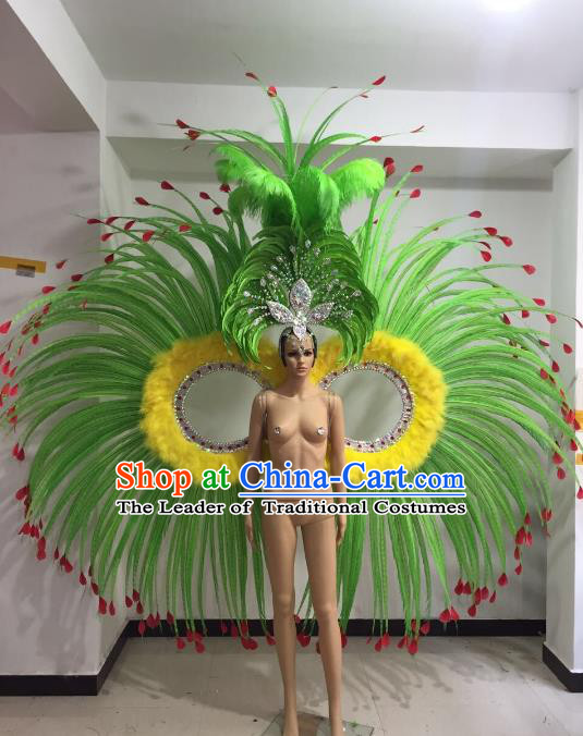 Brazilian Catwalks Props Rio Carnival Samba Dance Green Feather Wings and Headwear for Women