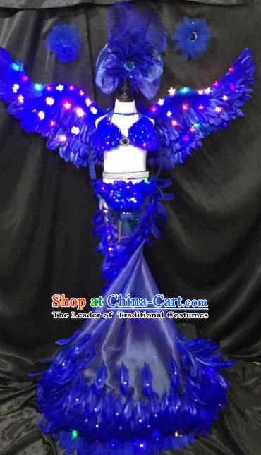 Brazilian Rio Carnival Samba Dance Costumes Halloween Catwalks Blue Feather LED Trailing Swimsuit and Headwear for Kids