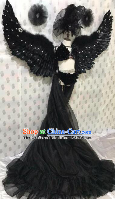 Brazilian Rio Carnival Samba Dance Costumes Halloween Catwalks Black Feather Swimsuit and Headwear for Kids