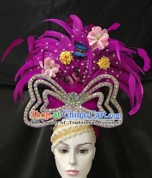 Brazilian Rio De Janeiro Carnival Purple Feather Hair Accessories Samba Dance Catwalks Headwear for Kids