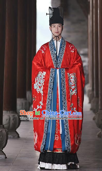 Chinese Ancient Embroidered Wedding Costume Tang Dynasty Bridegroom Hanfu Clothing for Rich Men