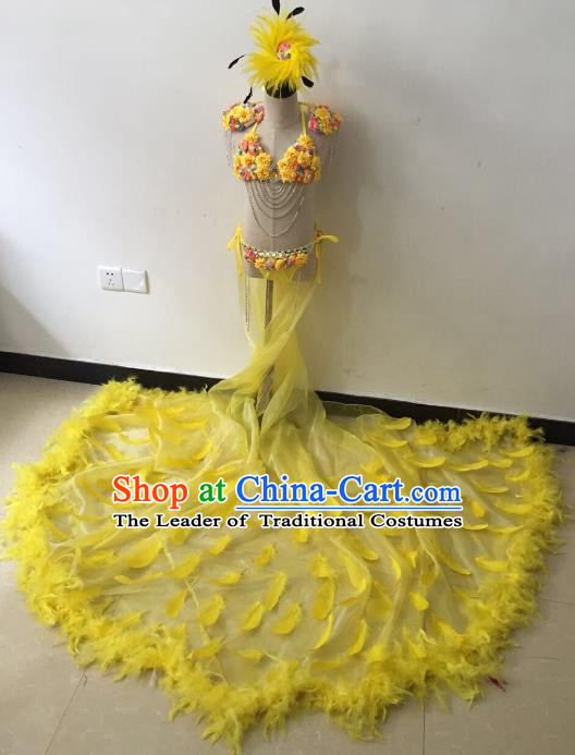 Brazilian Rio Carnival Samba Dance Costumes Catwalks Yellow Feather Trailing Swimsuit Dress for Kids