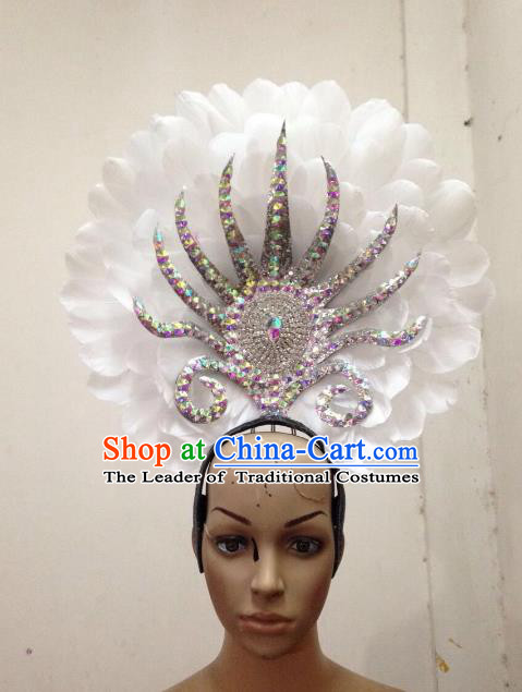 Handmade Samba Dance Hair Accessories Brazilian Rio Carnival White Feather Headdress for Women