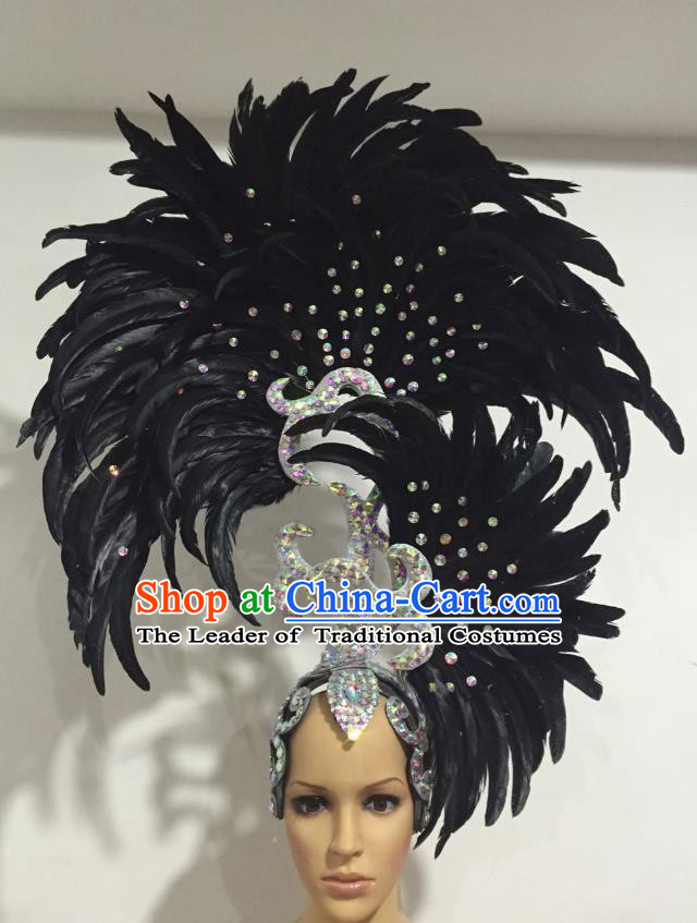 Handmade Samba Dance Deluxe Black Feather Hair Accessories Brazilian Rio Carnival Headdress for Women