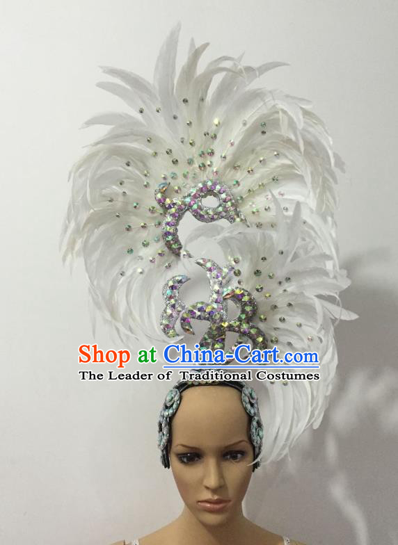 Handmade Samba Dance Deluxe White Feather Hair Accessories Brazilian Rio Carnival Headdress for Women