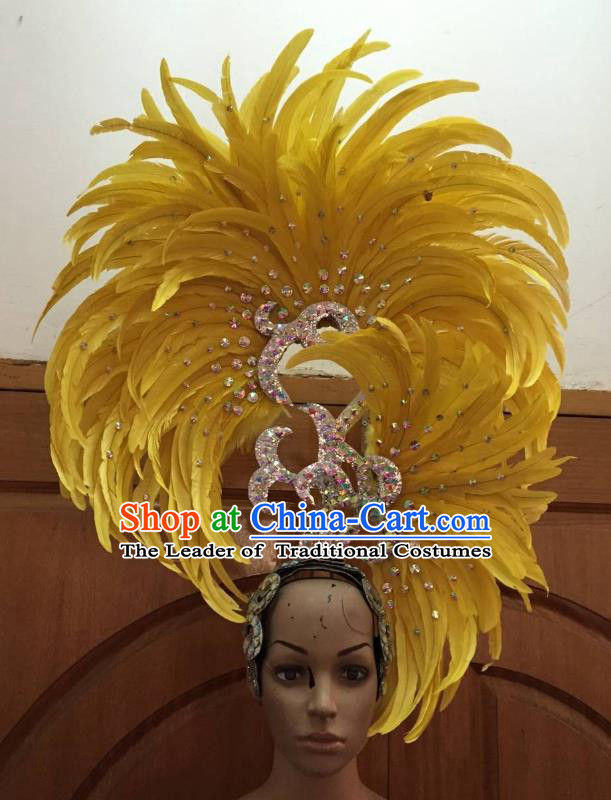 Handmade Samba Dance Deluxe Yellow Feather Hair Accessories Brazilian Rio Carnival Headdress for Women