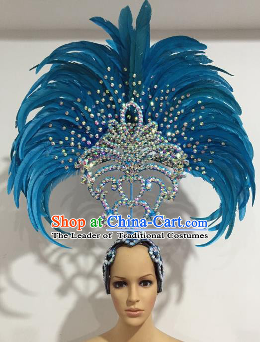 Brazilian Carnival Catwalks Blue Feather Headdress Rio Samba Dance Miami Deluxe Hair Accessories for Women