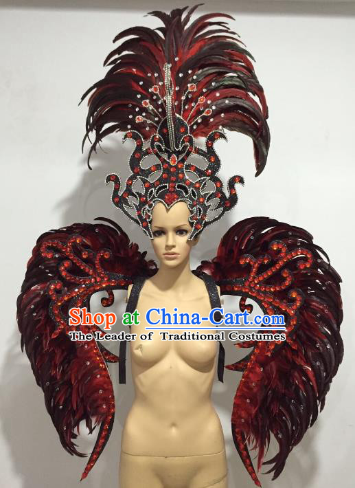 Brazilian Catwalks Props Rio Carnival Samba Dance Miami Black Feather Wings and Headdress for Women