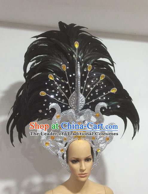 Top Grade Brazilian Carnival Catwalks Black Feather Headdress Rio Samba Dance Miami Deluxe Hair Accessories for Women