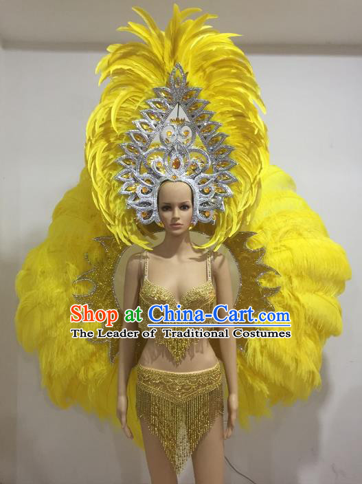 Top Grade Catwalks Costumes Brazilian Carnival Samba Dance Yellow Feather Wings Swimsuit and Headdress for Women