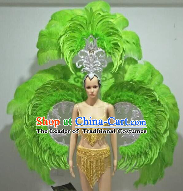 Top Grade Catwalks Costumes and Accessories Brazilian Carnival Samba Dance Green Feather Swimsuit and Wings for Women