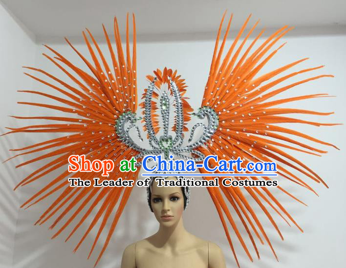 Orange Feather Brazilian Carnival Rio Samba Dance Headdress Miami Catwalks Deluxe Hair Accessories for Women