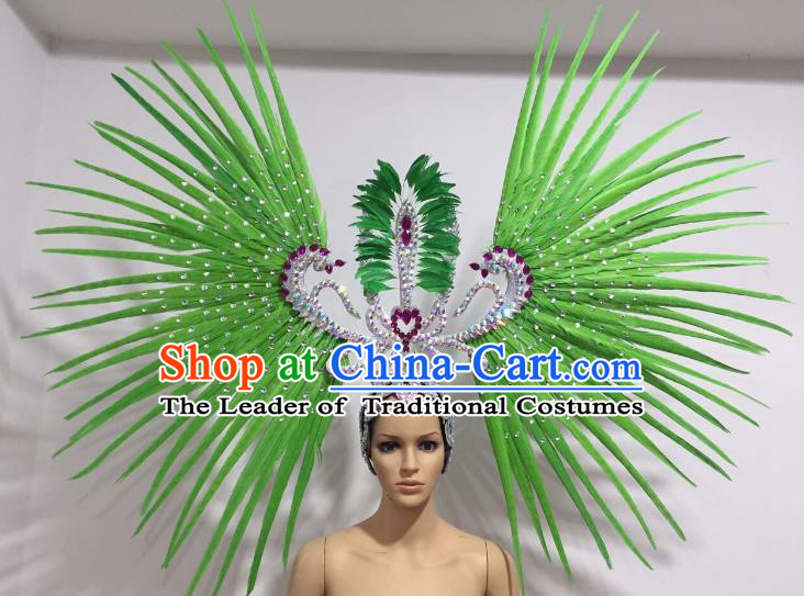 Brazilian Carnival Rio Samba Dance Green Feather Headdress Miami Catwalks Deluxe Hair Accessories for Women