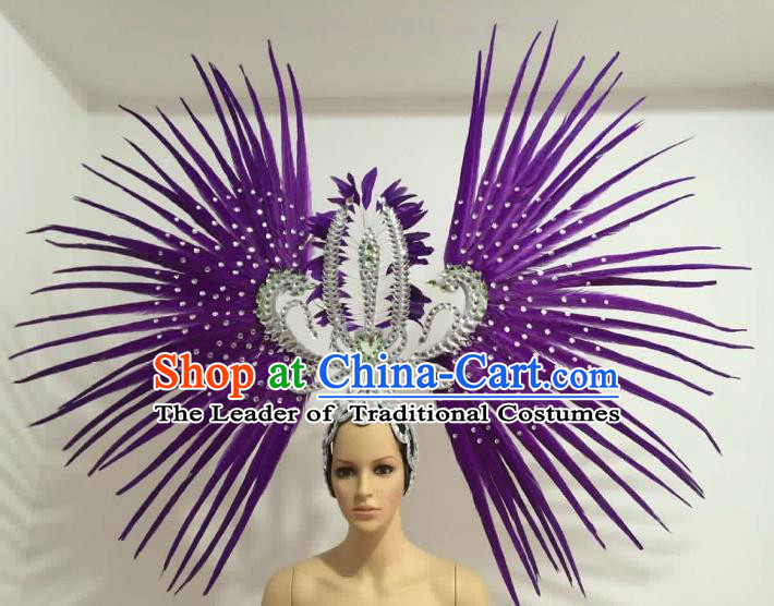 Brazilian Carnival Rio Samba Dance Purple Feather Headdress Miami Catwalks Deluxe Hair Accessories for Women