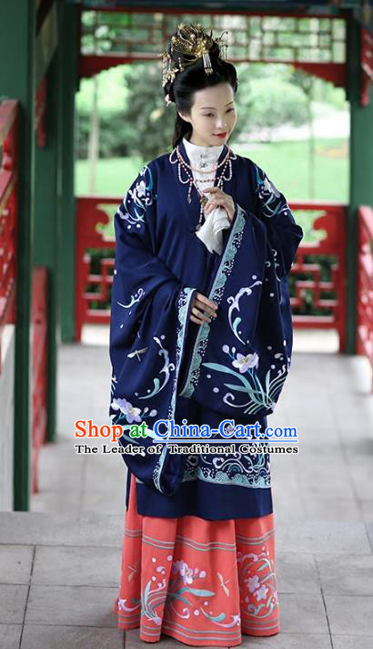 Chinese Ancient Palace Lady Navy Hanfu Dress Ming Dynasty Imperial Consort Embroidered Costumes and Hair Accessories for Women