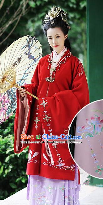 Chinese Ancient Palace Lady Red Hanfu Dress Ming Dynasty Imperial Consort Embroidered Costumes and Hair Jewelry Accessories for Women