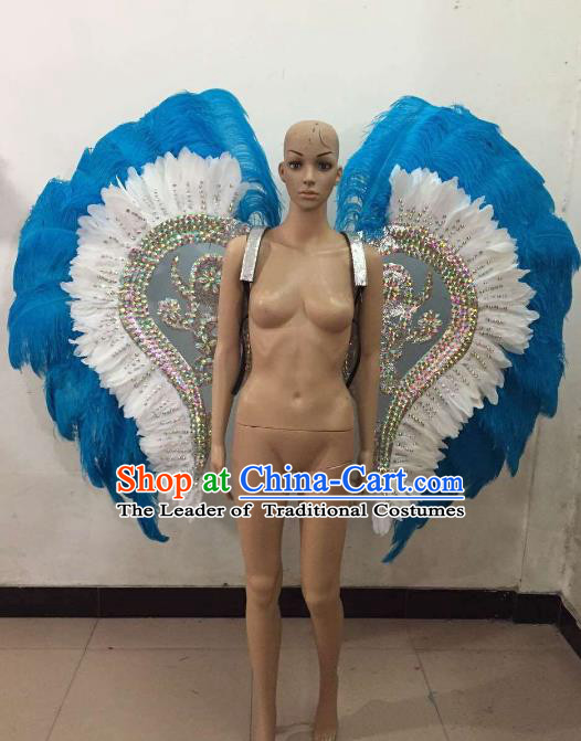 Custom-made Catwalks Props Brazilian Rio Carnival Samba Dance Blue and White Feather Wings and Headdress for Women